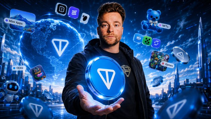 A man presents a glowing $GRAM coin featuring the TON logo, surrounded by floating icons labeled "Mini Apps," "NFTs," "DEXs," and "Games," symbolizing the ecosystem's diverse offerings. The image visually reinforces the post's theme of TON's resurgence and the rebranding from $TON to $GRAM.