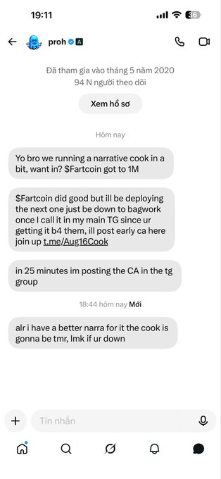 A screenshot of a Twitter DM conversation with user 'proh' discussing a planned $Fartcoin narrative cook to reach 1M, mentioning a call time after getting back from b4 and coordinating with 't.me/Aug16Cook'.
