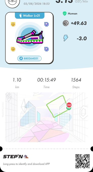 STEP'N fitness app screenshot showing a Walker Lv21 sneaker NFT, with stats: 1.10 km distance, 15:49 time, 1564 steps, +49.63 GST/Min, and earnings of -3.0 GST on 03/08/2026.