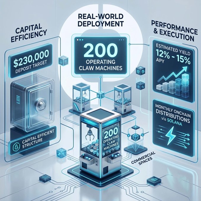 An infographic detailing 'REAL-WORLD DEPLOYMENT' for a project, showing '200 OPERATING CLAW MACHINES', a '$230,000 DEPOSIT TARGET' for 'CAPITAL EFFICIENCY', an 'ESTIMATED YIELD 12% - 15% APY', and 'MONTHLY ONCHAIN DISTRIBUTIONS via SOLANA'.