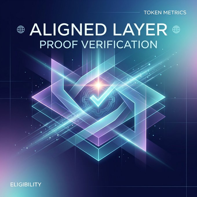 A digital graphic promoting "TOKEN METRICS ALIGNED LAYER PROOF VERIFICATION" with the word "ELIGIBILITY" at the bottom, showcasing glowing, layered geometric shapes in blue and purple.