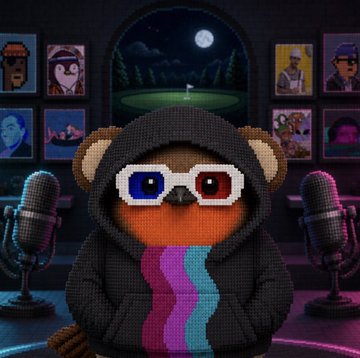 A pixel-art monkey wearing a gray hoodie and 3D glasses stands at a microphone in a neon-lit studio, with a display of NFT portrait frames behind it, illustrating the honorary NFTs being offered by Robert Coin.