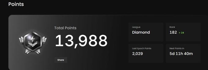 A dashboard showing 'Points' with 'Total Points 13,988', 'Diamond' league, 'Rank 182 +24', 'Lost Epoch Points 2,029', and 'Next Points in 5d 11h 40m'.