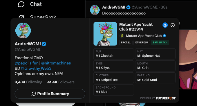 A Twitter/X profile for AndreWGMI (@AndreWGMI) showing a 'Mutant Ape Yacht Club #23914' NFT with 99% match and various M1 attribute details (Cheetah, Spinner Hat, X Eyes, Grin, Striped Tee, Gold Stud, Blue).