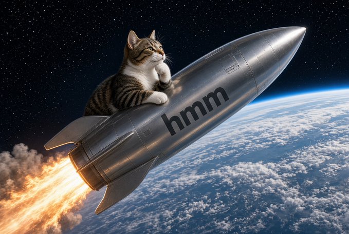 AI-generated image of a tabby cat riding a silver rocket labeled 'hmm' through space, with Earth's atmosphere visible below and flames trailing from the thrusters.