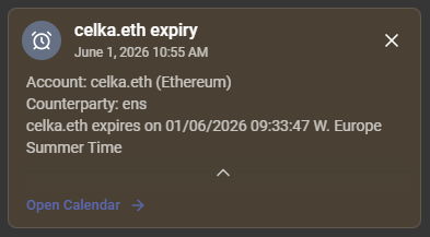 The image shows an open calendar with a reminder about a rotki user's account expiration. The message indicates that the user's ENS has expired, and they need to renew their account before the expiration date of 01/06/2026 at 09:53 AM. The app is designed to analyze users' history and remind them when it's time to act on certain events or tasks.
