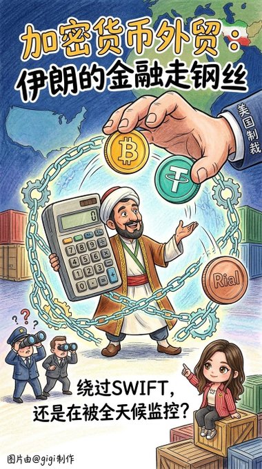 A Chinese illustrated poster titled '加密货币外贸：伊朗的金融走钢丝' (Cryptocurrency Foreign Trade: Iran's Financial Tightrope), depicting a merchant figure with a calculator, Bitcoin and Tether coins, with text reading '绕过SWIFT，还是在被全天候监控?' (Bypassing SWIFT, or being monitored 24/7?).
