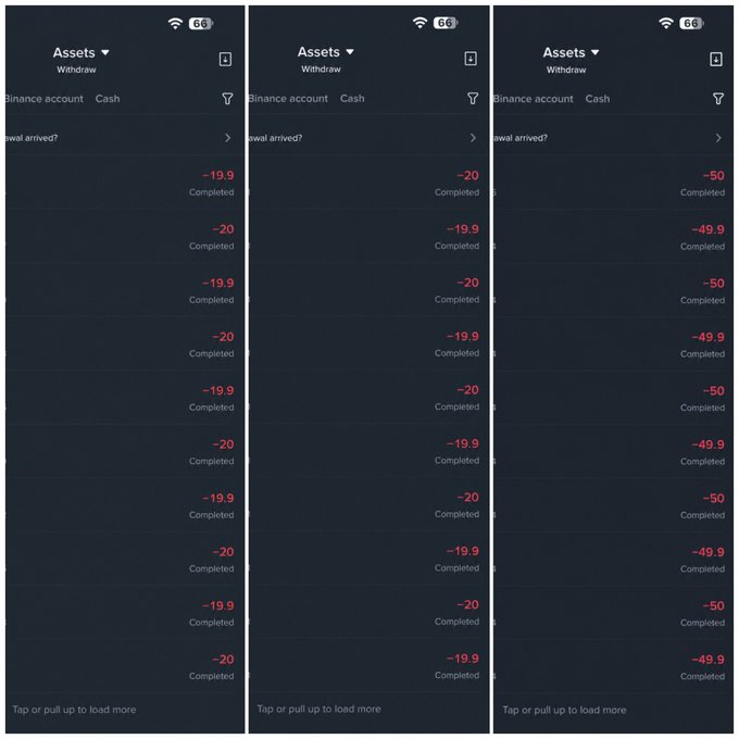 Three side-by-side mobile screenshots of a cryptocurrency withdrawal history showing numerous completed transactions, with amounts of -$19.90 to -$20 and -$49.90 to -$50 repeatedly, supposedly as proof of sending over $1000 in $SOL to followers.