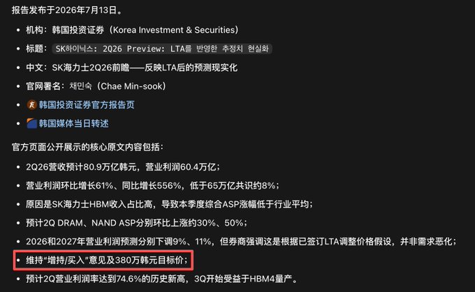 The image shows a Korean investment report from Korea Investment & Securities about SK Hynix's 2026 preview, with the analyst Chae Min-sook highlighting mixed signals including a 2Q26 earnings miss versus consensus, HBM revenue concentration concerns, lowered ASP estimates, and a 3.8 million unit target price, but also noting continued DRAM/NAND ASP growth expectations and a historic-high 2Q operating margin of 74.6%.

The image contradicts the post's claim of "cherry-picked bad news" by showing the analyst explicitly maintains a "Buy" rating with a 3.8 million won target price—indicating she considered both negative factors (earnings miss, ASP revisions) and positive ones (rising DRAM/NAND prices, record margins), making it a balanced assessment rather than selectively bearish.