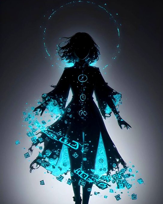 A dark anime-style silhouette of a female figure in a long dress with a glowing teal/cyan halo and scattered geometric symbols floating around her on a black background.