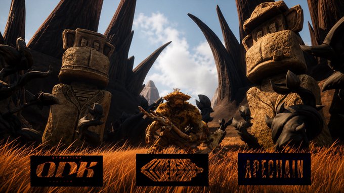 A cinematic scene featuring a character in fur clothing standing among large stone tribal statues and spiky bone formations, with logos for ODK and ApeChain visible.