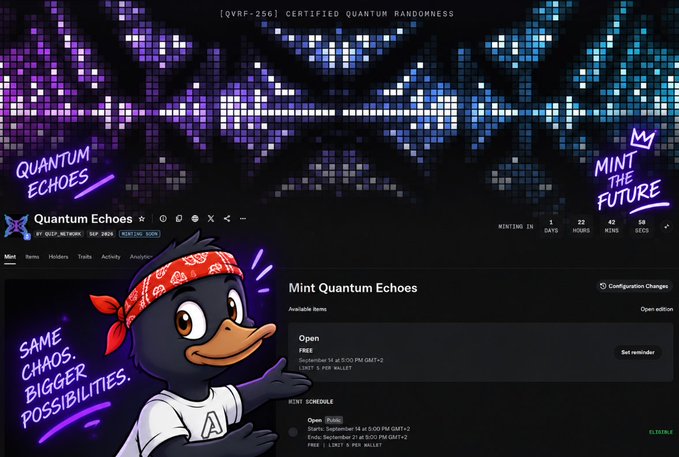 The Quantum Echoes NFT mint page on Quack Network, featuring an animated duck mascot wearing a red bandana, with text including '[QVRF-256] CERTIFIED QUANTUM RANDOMNESS' and 'Mint Schedule'.