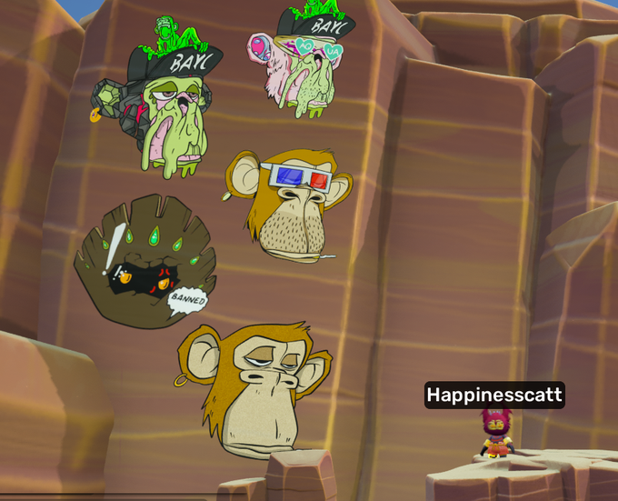 A screenshot from a video game (Brawlhalla) showing various monkey character skins mounted on a canyon wall, with a player named 'Happinesscatt' on a platform below.