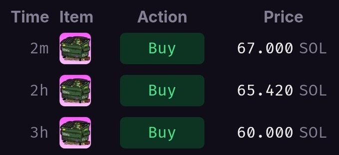 A digital marketplace listing with three 'Buy' options for items priced in SOL cryptocurrency at 67.000 SOL (2m), 65.420 SOL (2h), and 60.000 SOL (3h).