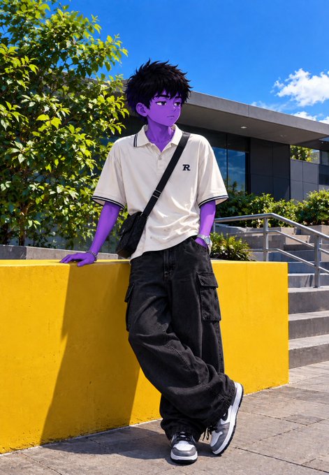 A digitally altered image shows a person with purple skin leaning against a yellow wall, wearing a white polo shirt with an 'R' logo and black cargo pants.