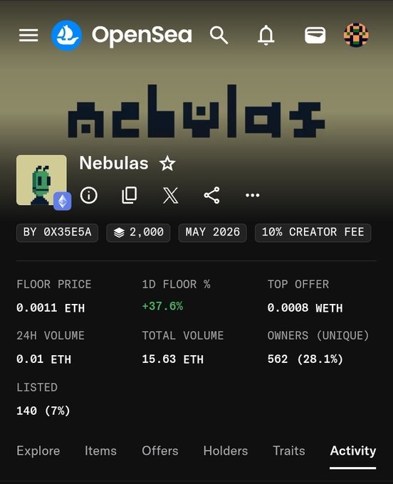 An OpenSea NFT collection page for 'Nebulas' by 0X35E5A, showing 2,000 items, a floor price of 0.0011 ETH (+37.6%), 24H volume of 0.01 ETH, and 562 unique owners.