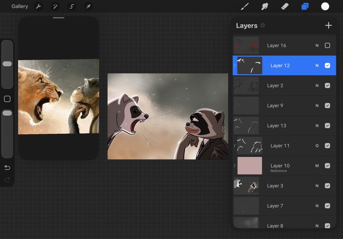 A digital art workspace displays a drawing of two raccoons facing off in a dramatic confrontation, inspired by a lion reference image on the left. The layers panel on the right, showing "Layer 12" actively selected alongside "Layer 10 Reference," highlights the meticulous hand-drawn approach central to the "Hand drawn is the $RAKO way" creative ethos.