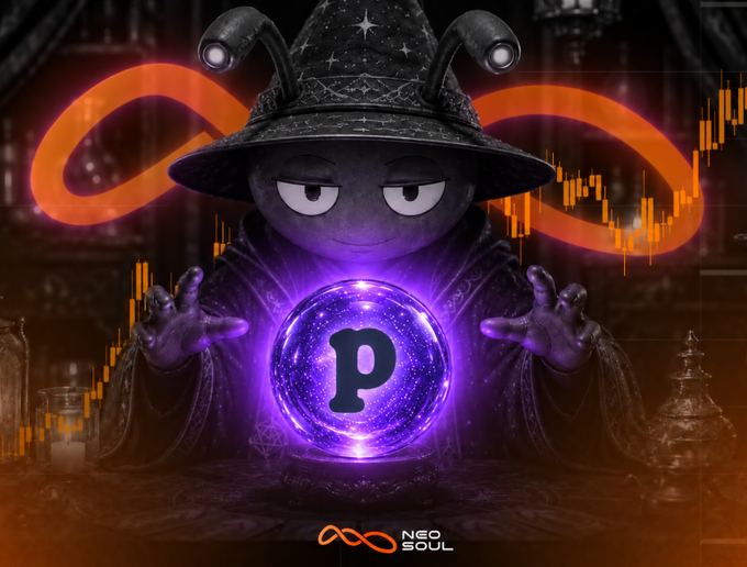 A digital illustration features a character resembling a fortune teller wearing a witch hat with glowing antennae, holding a purple glowing orb with the letter 'p' on it, with the text 'NEO SOUL' at the bottom and an orange infinity symbol in the background.
