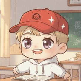 ikebana art style illustration of a young boy with blonde hair, wearing a red baseball cap and white hoodie, seated at a desk with a book open before him.