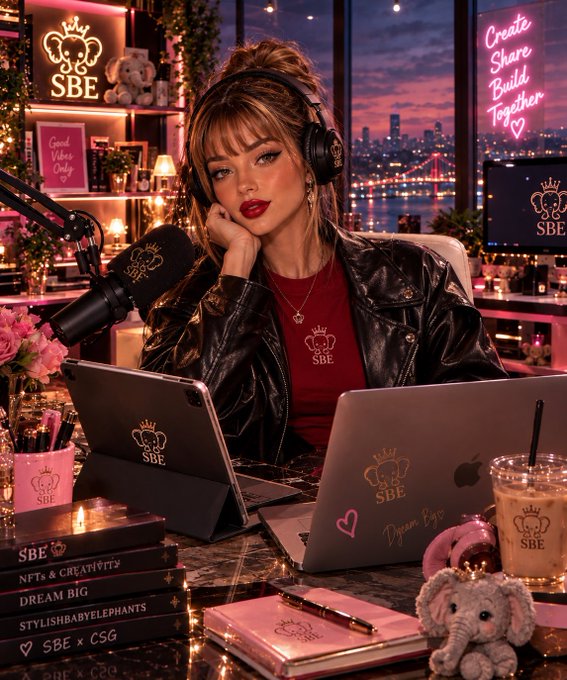 An AI-generated image of a woman at a podcasting or streaming desk with 'SBE' branding, wearing headphones and a leather jacket, surrounded by laptops, books, and neon signs reading 'Create Share Build Together'.