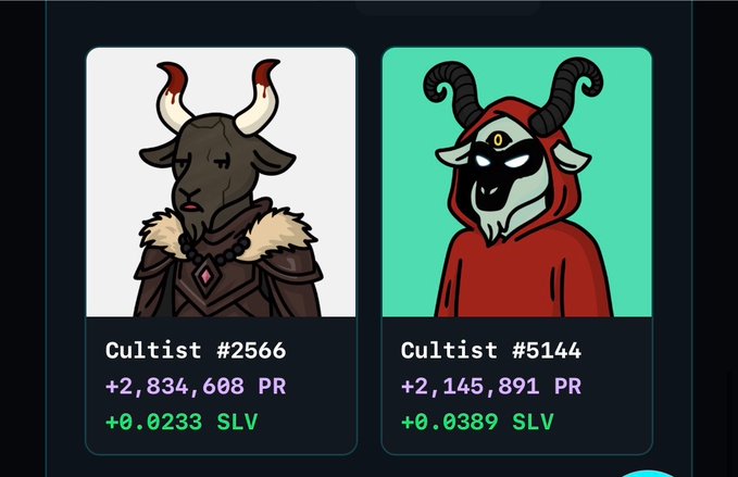 Two digital collectible cards labeled 'Cultist #2566' and 'Cultist #5144', displaying goat-like figures with stats including 'PR' and 'SLV' values.