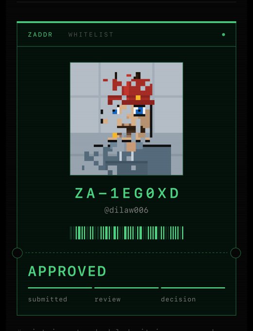 A digital whitelist approval card showing a pixel art character with a red hat, labeled "ZA-1EG0XD" by @dilaw006, marked as "APPROVED".