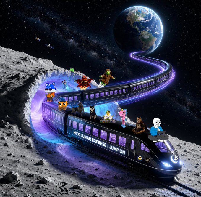 A promotional image for 'HTX Lunar Express' showing a futuristic train traveling through space between the moon and Earth, featuring various cartoon characters and a Bitcoin logo.