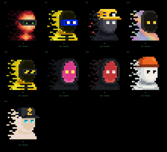 A 3x4 grid (with 9 cells filled) of pixel art avatars from the CryptoPunks collection, each labeled "not listed" beneath and showing punk IDs including #41, #64, #989, #1064, #1954, #3054, #3813, #4041, and #8295, illustrating the user's bag of 9 "Zksnarks" punks they accumulated and hold without listing for sale.