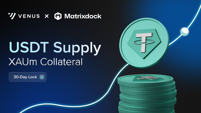 A promotional banner for Venus × Matrixdock announcing their first Fixed-Term USDT vault backed by XAUm collateral, featuring a 30-Day lock period with a 3D teal Tether coin displayed against a blue gradient background. The image visually reinforces the post's announcement that this inaugural USDT vault, offering 5.4% fixed returns, has reached maturity and participants can now claim funds and rewards.