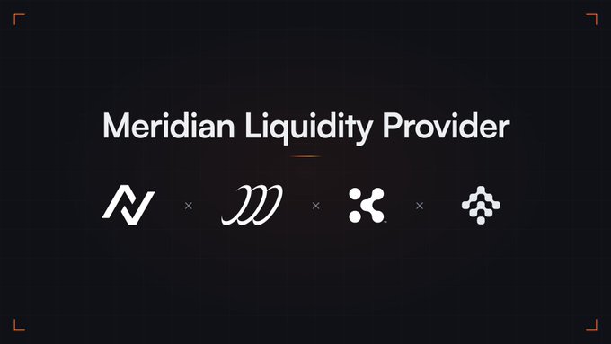 A dark promotional graphic displays 'Meridian Liquidity Provider' alongside the logos of N, m0, Kyber Network, and Iora finance connected by x symbols.