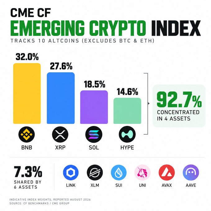 An infographic titled 'CME CF EMERGING CRYPTO INDEX' showing a bar chart of altcoin weights: BNB 32.0%, XRP 27.6%, SOL 18.5%, HYPE 14.6%, with 92.7% concentrated in these 4 assets.