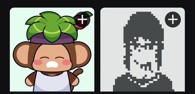 Two NFT profile pictures displayed side by side with '+' icons: a cartoon monkey with a green plant on its head, and a pixelated portrait silhouette.