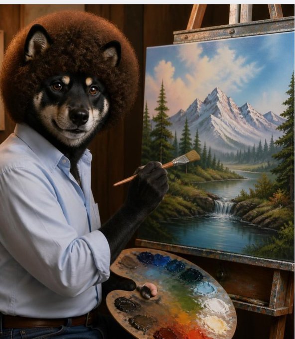 A digital illustration of an anthropomorphic black wolf wearing a blue shirt and brown fur hat, holding a paintbrush and palette while standing before a landscape painting of mountains and a waterfall on an easel.