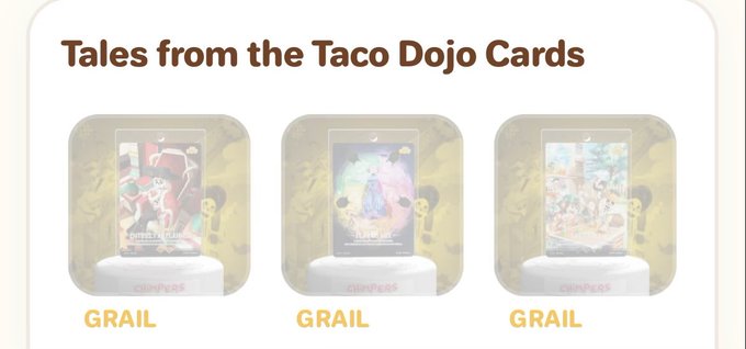 Three sealed Tales from the Taco Dojo Chimpers trading card packs are displayed in their gold "GRAIL" tier, showcasing three of the rarest cards from the 24-card set that the collector is working to complete.