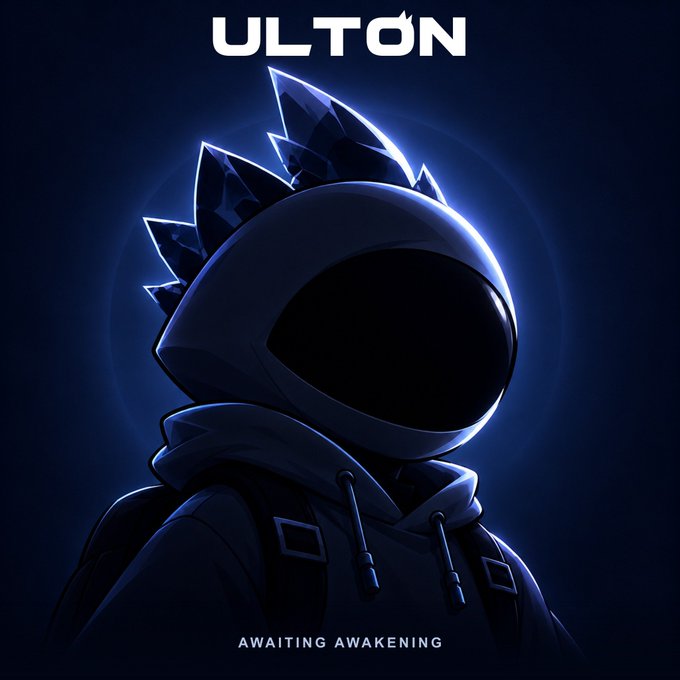 A stylized digital illustration featuring an astronaut-like character with crystalline spikes on their helmet, with the text 'ULTÓN' at the top and 'AWAITING AWAKENING' at the bottom.