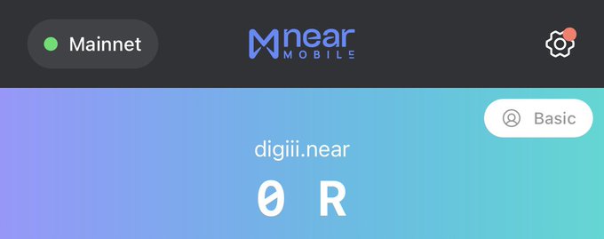 A NEAR Mobile app interface on Mainnet shows the wallet 'digiii.near' with a balance of '0 R' and a 'Basic' account type label.