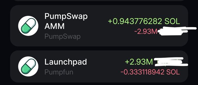 Screenshot showing cryptocurrency transaction details for PumpSwap AMM and Launchpad (Pumpfun), displaying gains and losses in SOL with some token amounts redacted with white marks.