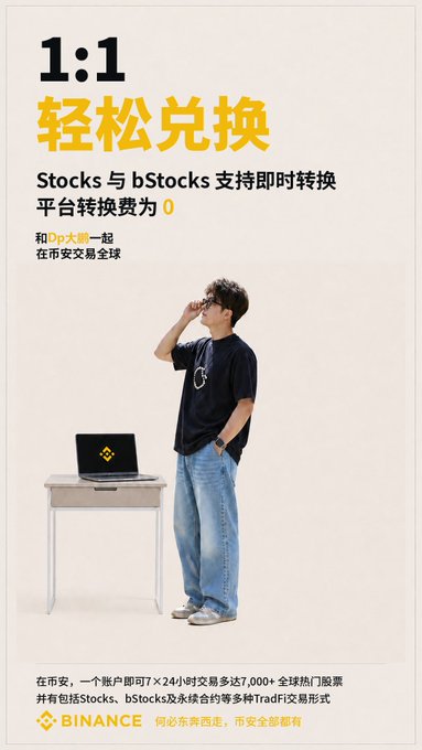 A Binance promotional advertisement featuring a person standing next to a small table with a laptop displaying the Binance logo. The poster promotes "1:1 轻松兑换" (1:1 Easy Conversion) between Stocks and bStocks with zero platform conversion fees, encouraging users to "在币安交易全球" (Trade globally on Binance), aligning with the post's hashtag "#AIIOnBinance."