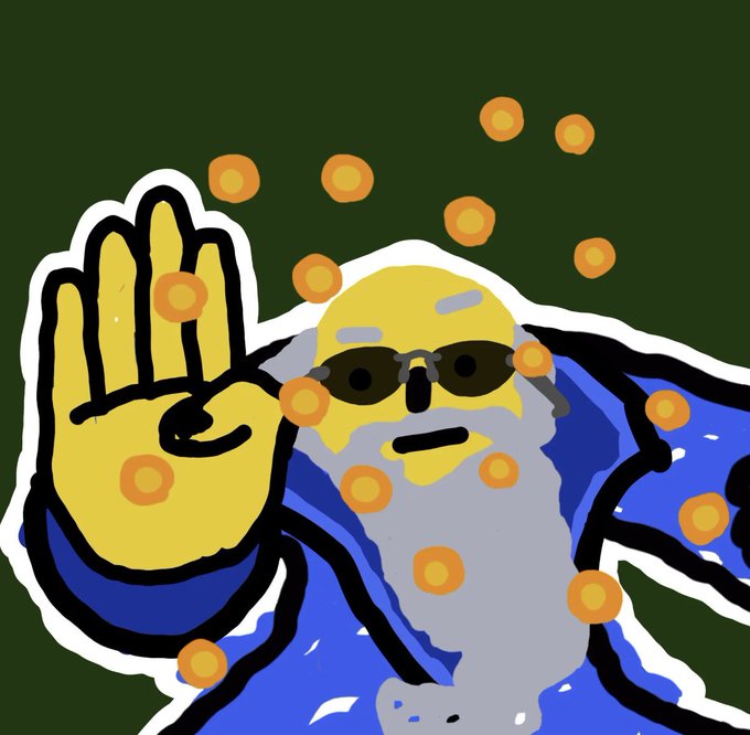 A cartoon-style illustration of a bearded man wearing sunglasses and a blue robe, holding up his hand surrounded by floating orange coins against a green background.
