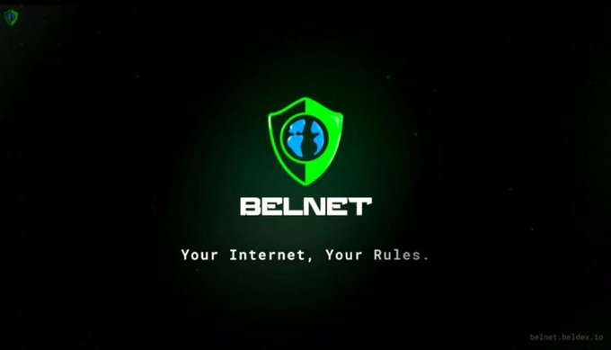 Belnet VPN promotional screen displaying the green shield logo with 'Your Internet, Your Rules.' tagline and belnet.beldex.io URL.