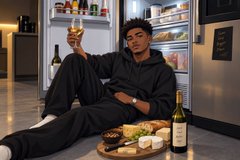 A man sitting on the floor leaning against an open refrigerator holding a glass of white wine, with a wine bottle and a charcuterie board placed beside him.