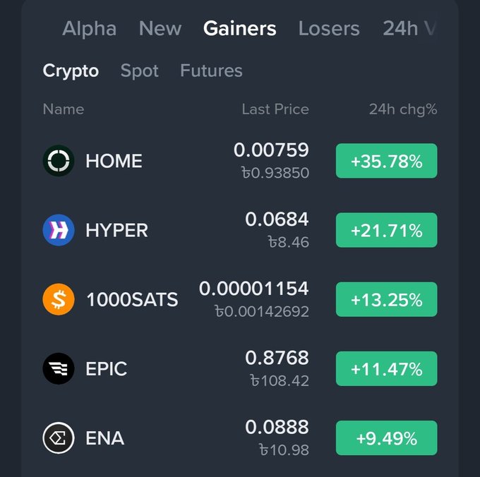 A cryptocurrency market 'Gainers' list showing top performers: HOME (+35.78%), HYPER (+21.71%), 1000SATS (+13.25%), EPIC (+11.47%), and ENA (+9.49%) with their prices.