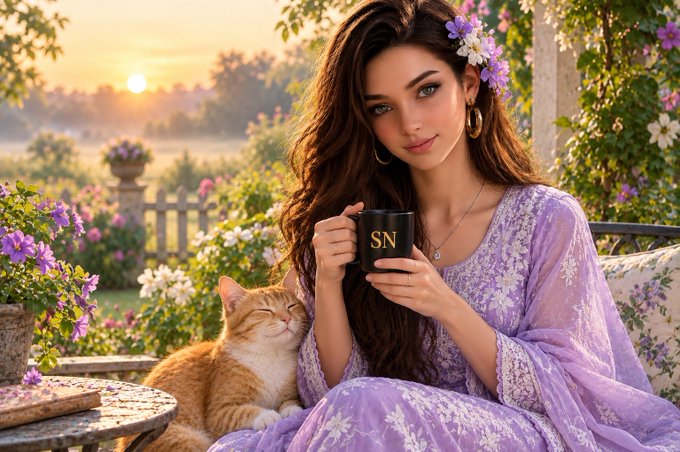 A digital illustration of a woman with long brown hair wearing a purple floral dress, holding a black mug with 'SN' on it, sitting beside an orange and white cat in a garden at sunset.