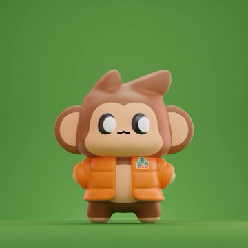 A 3D-rendered cartoon monkey character wearing an orange puffer jacket with a small logo, set against a solid green background.