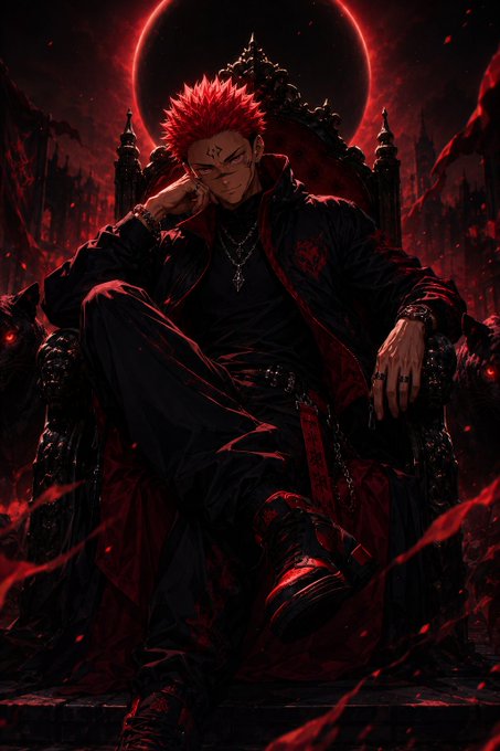 An anime-style illustration of a man with spiky red hair sitting on a dark throne, wearing black and red clothing with a cross necklace, set against a red eclipse background.
