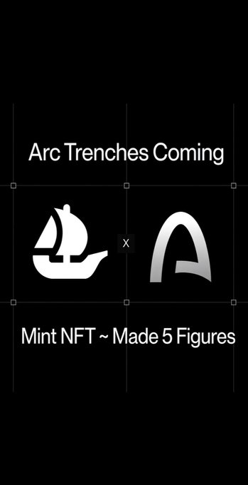 The image is a black promotional graphic featuring a white sailboat icon next to an "A" logo with an "x" between them, advertising "Arc Trenches Coming" and "Mint NFT ~ Made 5 Figures," which aligns with the post's announcement about Arc Tranches launching on September 16 and the opportunity to earn four to five figures by minting Arc NFTs like @ArclingsNFT.