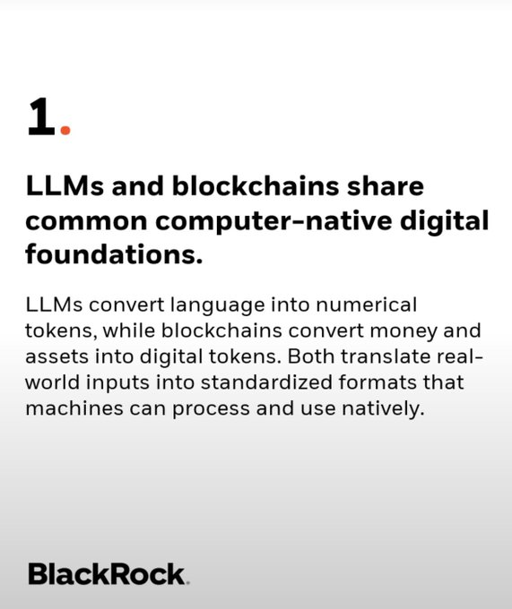A BlackRock infographic titled '1.' stating 'LLMs and blockchains share common computer-native digital foundations,' explaining how both convert real-world inputs into standardized digital tokens.