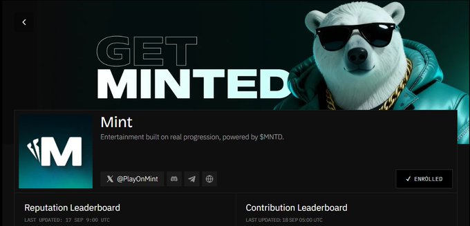 A promotional graphic for 'Mint' ($MNTD) with the slogan 'GET MINTED' featuring a cool polar bear wearing sunglasses and a leather jacket, noting it as 'Entertainment built on real progression'.