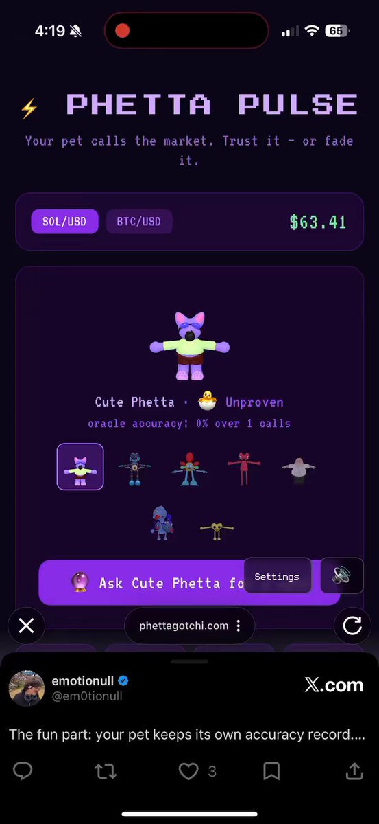 In the image, there's a screenshot of a Twitter post that features an advertisement for a new Pettata Pulse game being developed by @PythNetwork. The text in the post explains the game's mechanics, including its use of price oracle and betting on Bitcoin prices going up and down. Additionally, it invites users to ask "Cute Tito" to guess the name of the character they are seeing, who is a cartoon figure dressed as a bear with an unusual name. The post also mentions that there will be a beta version of the game in August 2015.