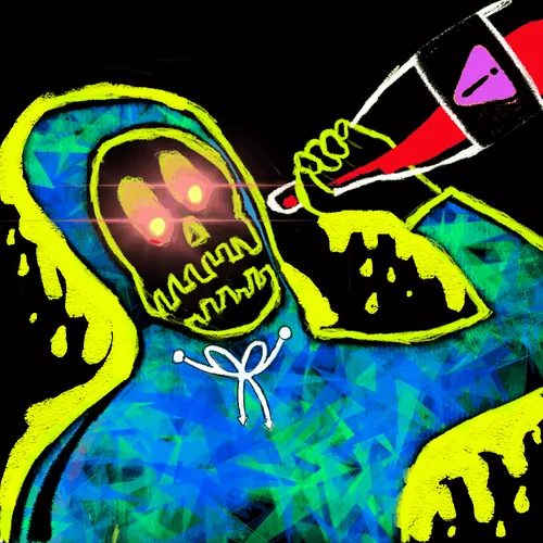 A neon-colored, stylized digital illustration of a skeletal figure with glowing red eyes being touched on the face by a hand holding a marker or pen, set against a dark background.